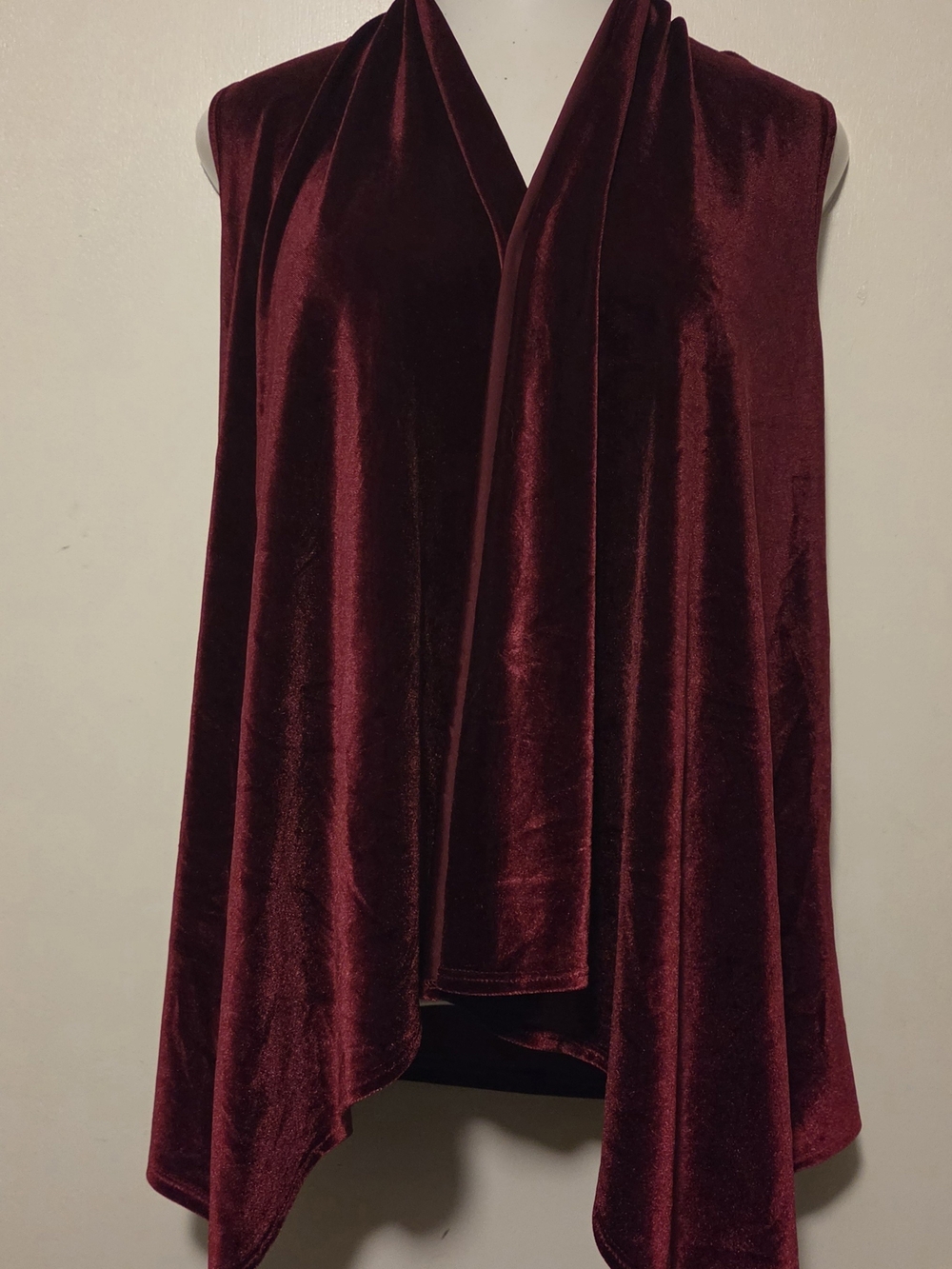 ADORA Vest S Small Velvet Draped Open Front Vest in Deep Wine